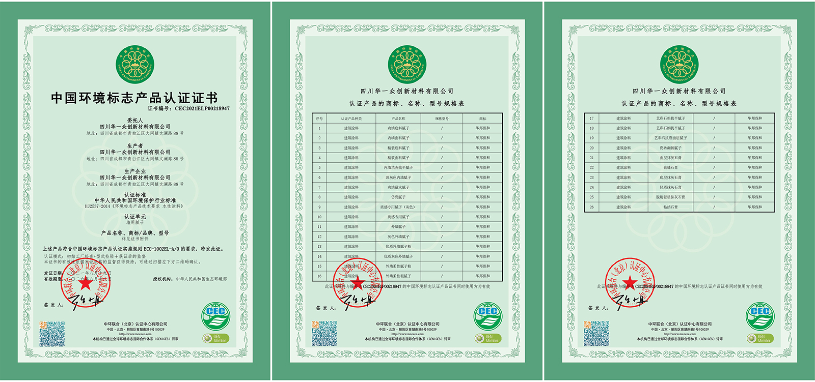 華邦保和膩?zhàn)?環(huán)境標(biāo)志產(chǎn)品認(rèn)證證書(shū) 華邦保和膩?zhàn)?環(huán)境標(biāo)志產(chǎn)品認(rèn)證證書(shū)